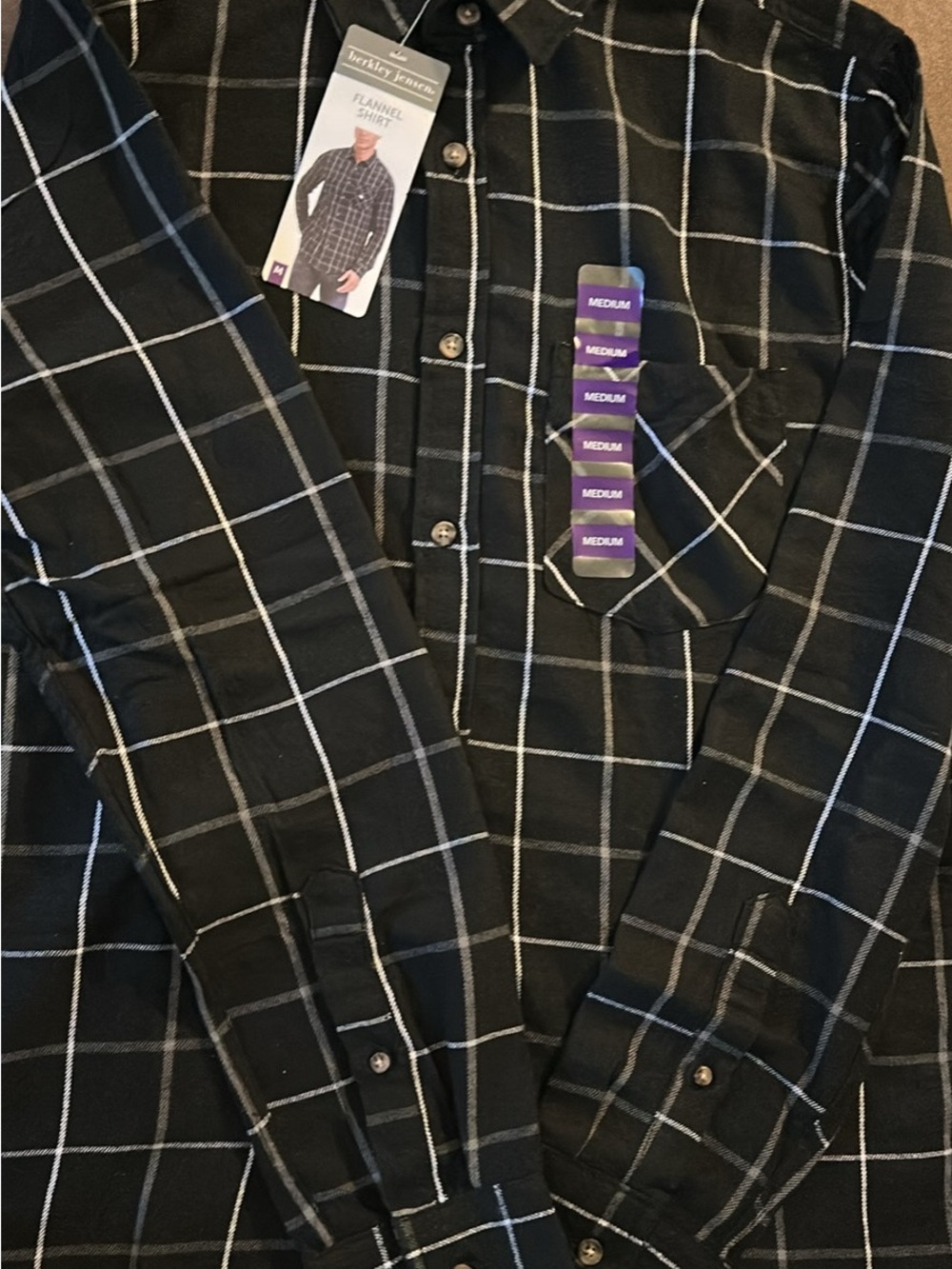 Black Windowpane Button-Down Flannel Shirt - Medium Berkley Jensen
